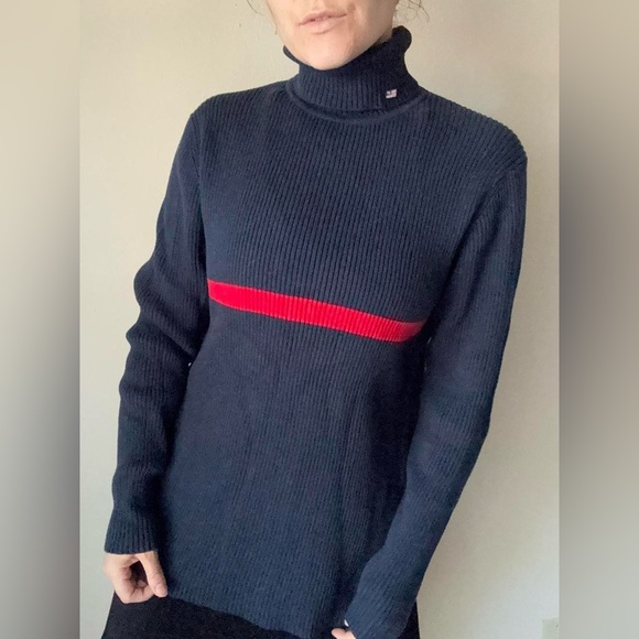 Ralph Lauren polo jeans co. Vintage 90s Y2K Navy red ribbed turtleneck sweater - Picture 1 of 7